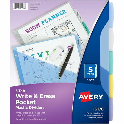 Avery® Write & Erase Durable Plastic Dividers w/Pockets, 5-tab, Multicolor