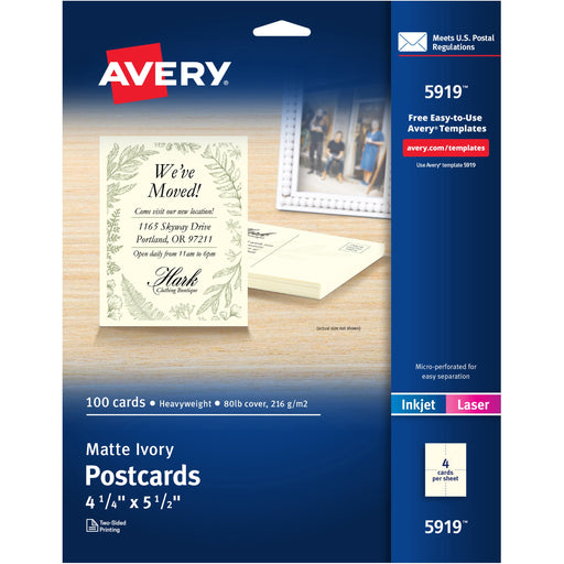 Avery® Postcards, Ivory, Two-Sided, 4-1/4" x 5-1/2" , 100 Cards (5919)