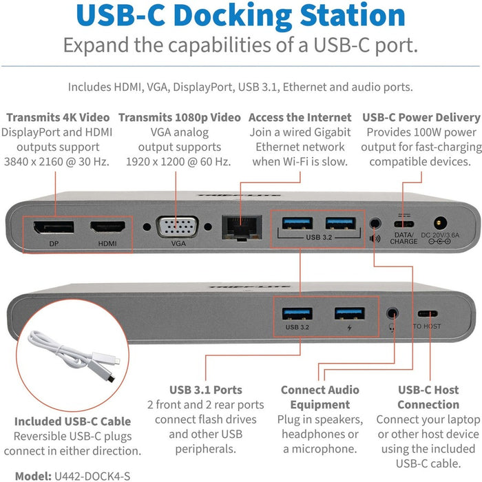 Tripp Lite USB C Docking Station w/ USB A/C Hub, HDMI, VGA, DisplayPort, Gbe, 100W PD Charging 4K@30Hz Thunderbolt 3, USB Type C, USB-C, USB Type-C