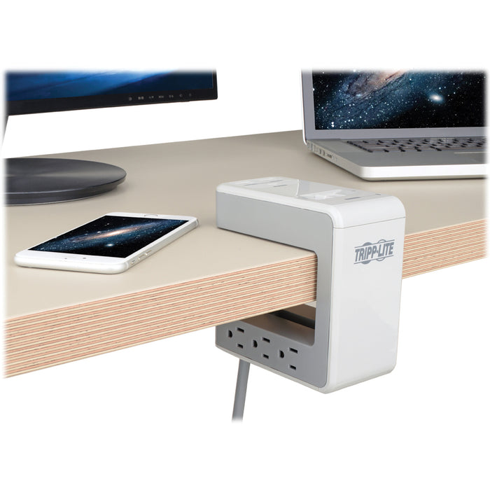 Tripp Lite 6-Outlet Surge Protector w/2 USB-A (2.4A Shared) & 1 USB-C (3A) - 8 ft. (2.43 m) Cord, 1080 Joules, Desk Clamp