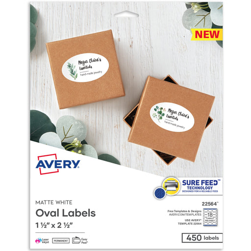 Avery® Easy Peel Oval Labels, 22564, 2-1/2"W x 1-1/2"D, White, Pack Of 450