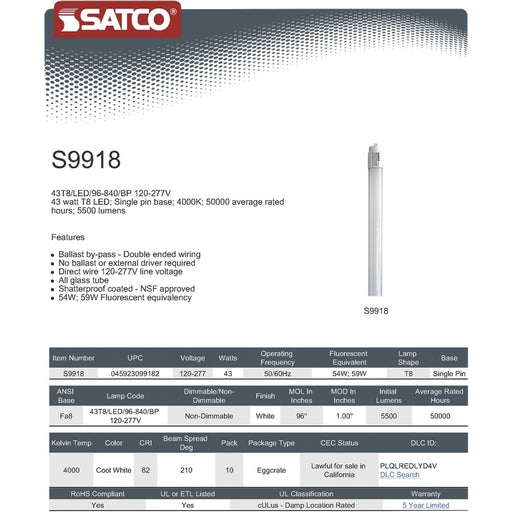 Satco 43T8 LED 96-840 BP 120-277V Tube Bulb