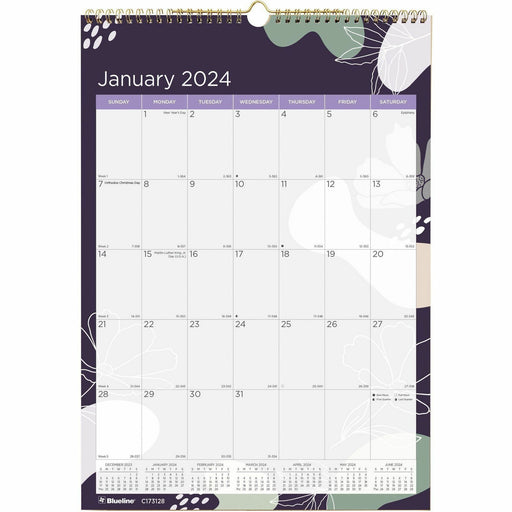 Blueline Abstract Floral Monthly Wall Calendar