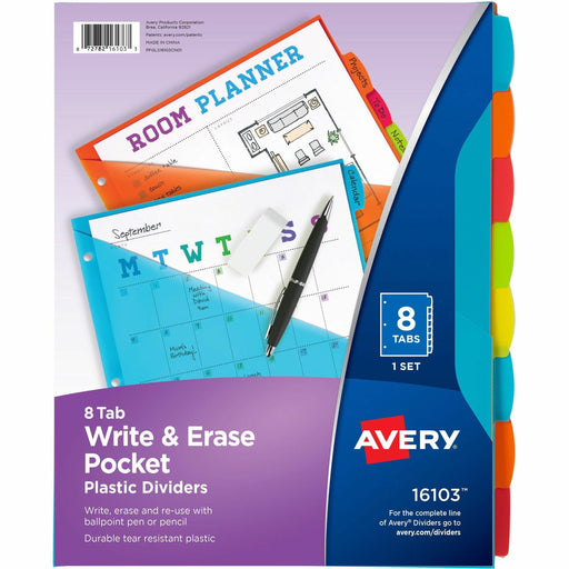 Avery® Write & Erase 8-Tab Plastic Dividers, Pockets, Brights (16103)