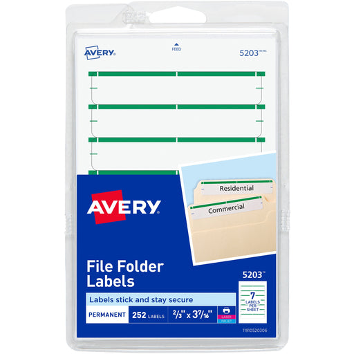 Avery® File Folder Labels, White/Green, 2/3" x 3-7/16" , 252 (5203)