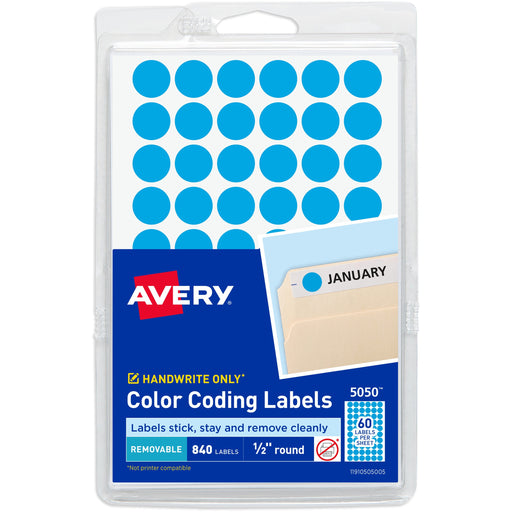 Avery® Dot Stickers, 1/2" Diameter, Light Blue, 840 Total (5050)