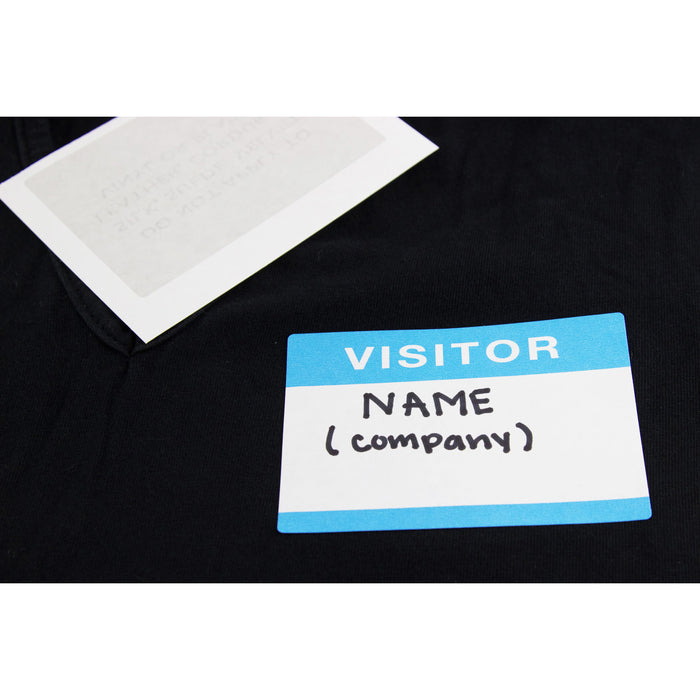 SICURIX Visitor Badge - 100 / BX - 3 1/2 x 2 1/4 Length - Removable Adhesive - Rectangle - White, Blue - 100 / Box - Self-adhesive, Easy Peel