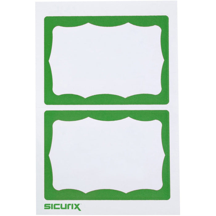 SICURIX Self-adhesive Visitor Badge - 100 / BX - 3 1/2 x 2 1/4 Length - White, Green - 100 / Box - Self-adhesive, Removable, Easy Peel