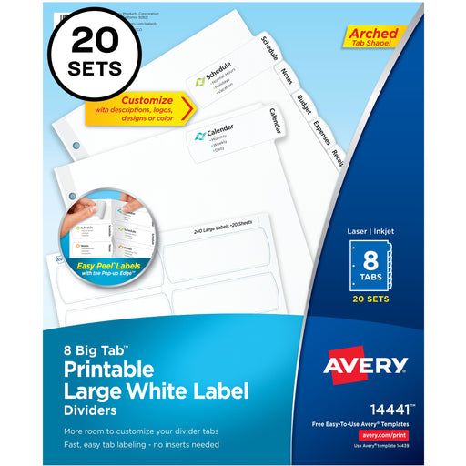 Avery® Big Tab Printable Large White Dividers with Easy Peel, 8 Tabs