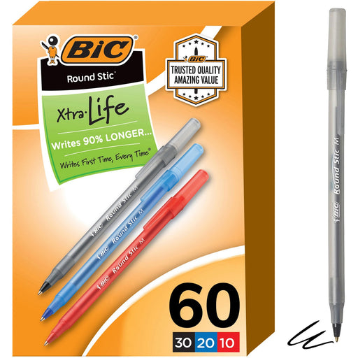 BIC Round Stic Xtra Life Ball Point Pen, Assorted, 60 Pack
