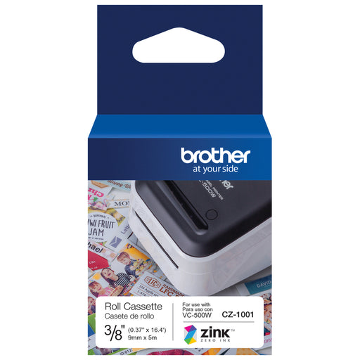 Brother Genuine CZ-1001 3/8" (0.37") 9mm wide x 16.4 ft. (5 m) long label roll featuring ZINK® Zero Ink technology