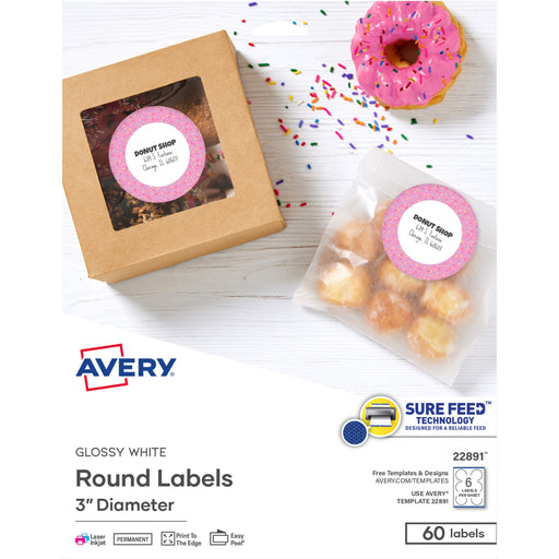 Avery® Glossy White Labels, 3" Round, 60 Labels (22891)