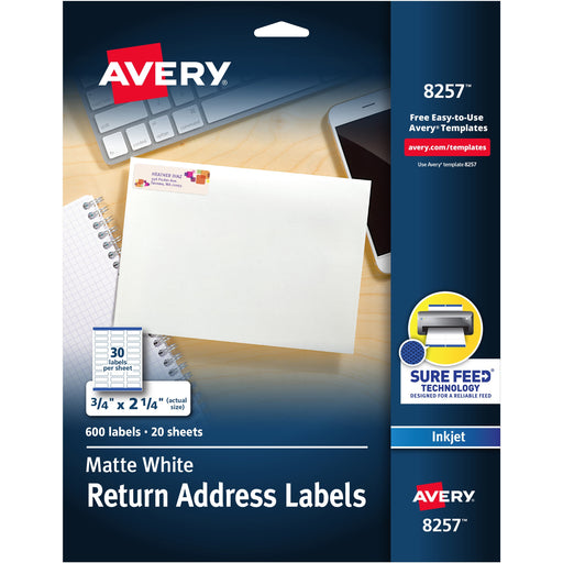 Avery® White Return Address Labels, Sure Feed(R), 3/4" x 2-1/4" , 600 Labels (8257)