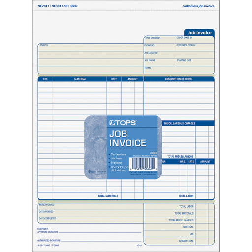 TOPS Three-part Carbonless Job Invoice Forms