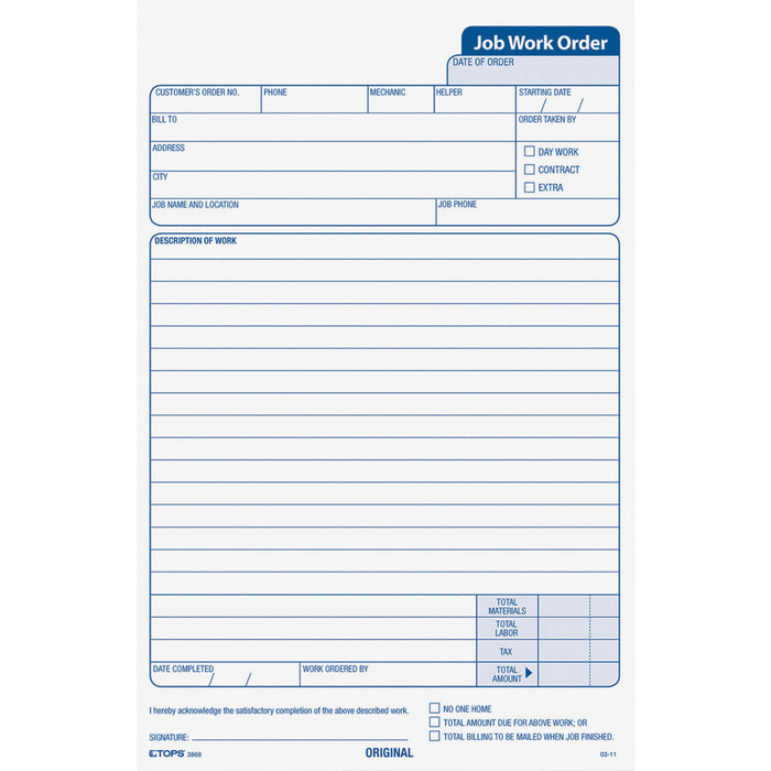 TOPS Carbonless 3-Part Job Work Order Forms