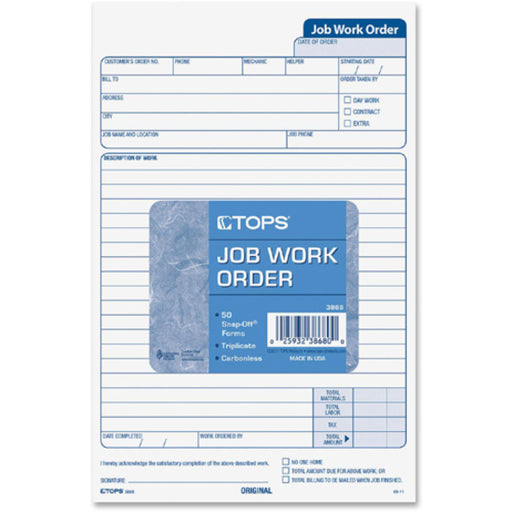 TOPS Carbonless 3-Part Job Work Order Forms