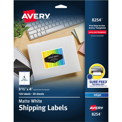Avery® White Shipping Labels, Sure Feed(R), 3-1/3" x 4" , 120 Labels (8254)