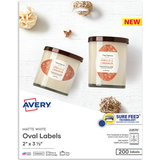 Avery® Printable Blank Oval Labels, 22570, 3-5/16”W x 3”D, White, Pack Of 200 Labels