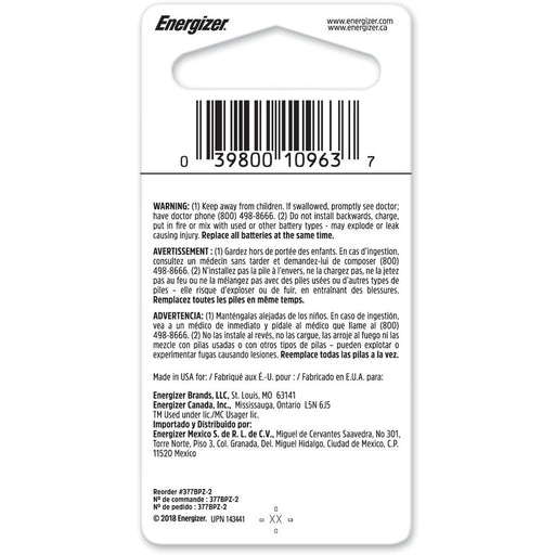 Energizer 377 Silver Oxide Button Battery, 2 Pack