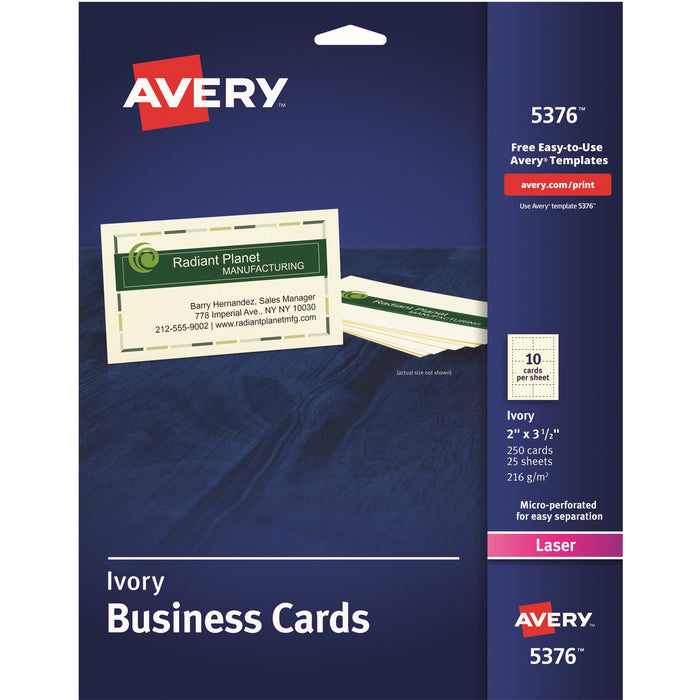 Avery® 2" x 3.5" Ivory Business Cards, Sure Feed? Technology, Laser, 250 Cards (5376)