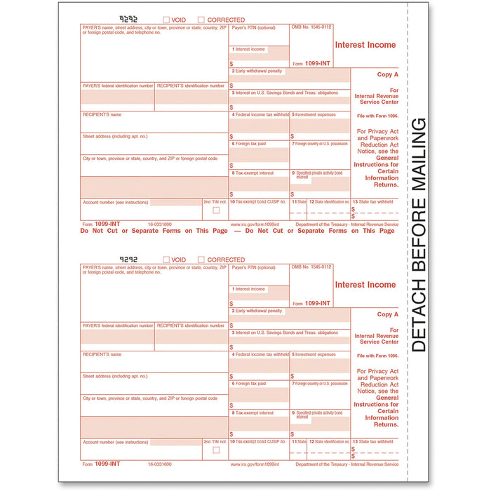 TOPS IRS Approved 4-part 1099-INT KIT Tax Forms