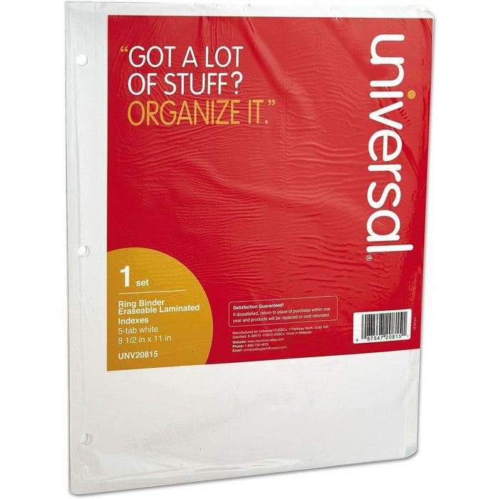 Universal Deluxe Write-On/Erasable Tab Index, 5-Tab, 11 x 8.5, White, White Tabs, 1 Set