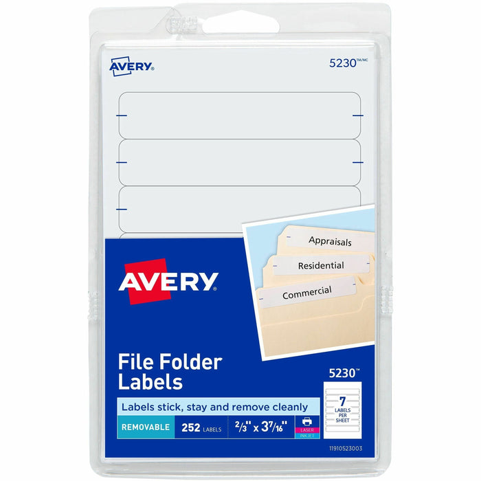 Avery&reg; File Folder Labels on 4" x 6" Sheets, Removable Adhesive, White, 2/3" x 3-7/16" , 252 Labels (5230)