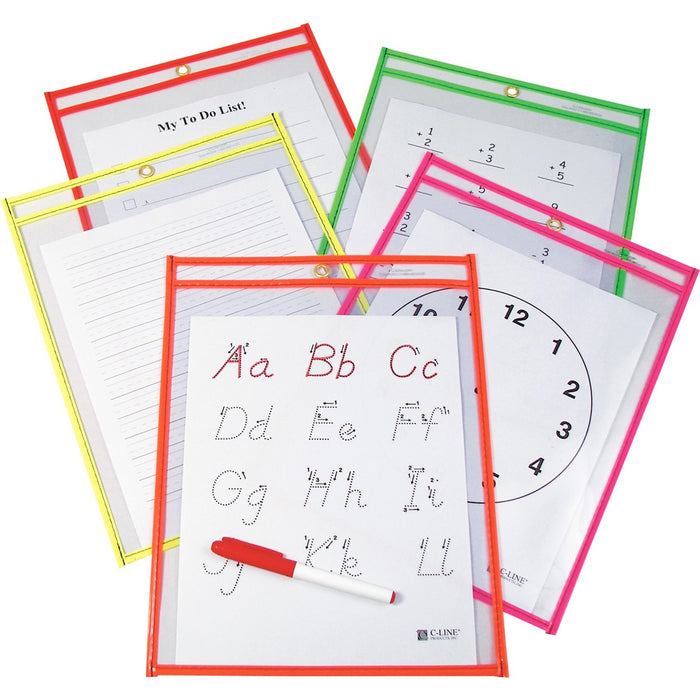 C-Line Reusable Dry Erase Pockets, Assorted, 9 x 12, 10/PK
