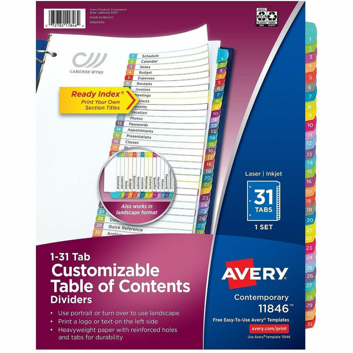 Avery 1-31 Dividers, 31 Tabs, Ready Index, Arched Tabs (11846)