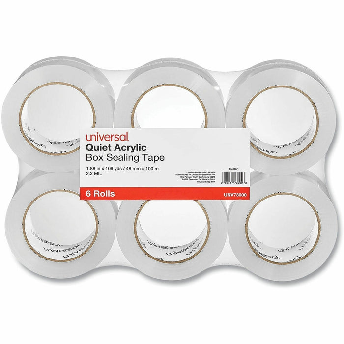 Universal Quiet Tape Box Sealing Tape, 3" Core, 1.88" x 109 yds, Clear, 6/Pack