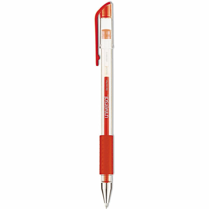 Universal Comfort Grip Gel Pen, Stick, Medium 0.7 mm, Red Ink, Clear/Red Barrel, Dozen