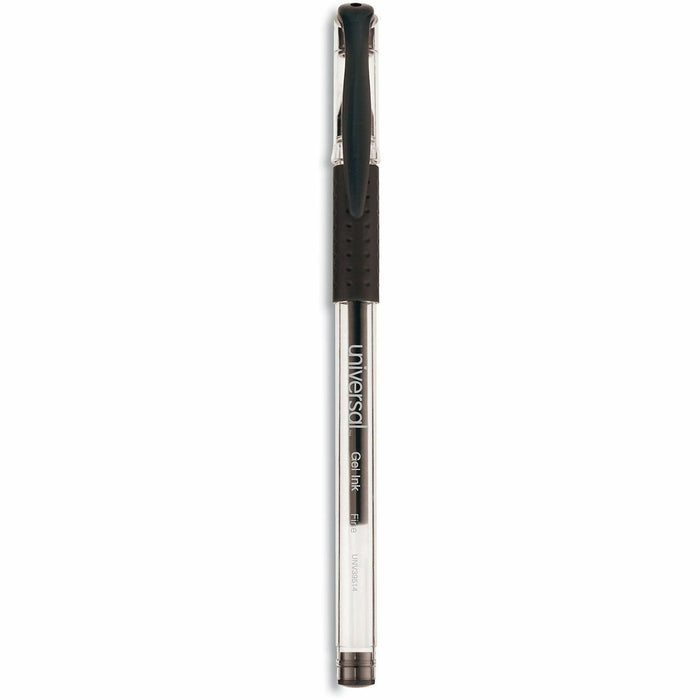 Universal Comfort Grip Gel Pen, Stick, Fine 0.5 mm, Black Ink, Clear/Black Barrel, Dozen