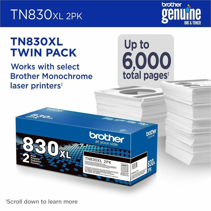 Brother Genuine TN830XL 2PK High Yield Black Toner Cartridge Twin-Pack