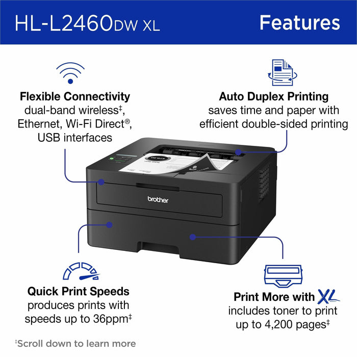 Brother HL-L2460DWXL Desktop Wired Laser Printer - Monochrome