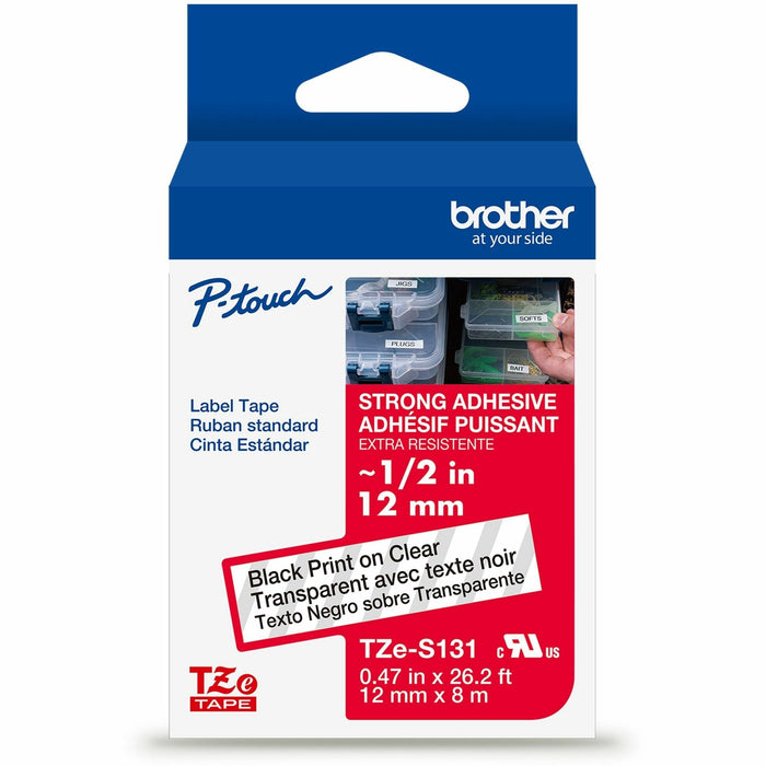 Brother Genuine P-touch TZeS131 BK on CLR Label Tape, Strong Adhesive Lam., 12mmX8m