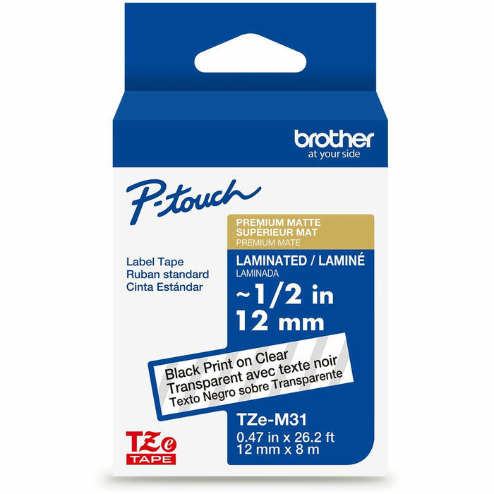 Brother Genuine P-touch TZeM31 BK on CLR Label Tape, Premium Matte Laminated, 12mmX8m