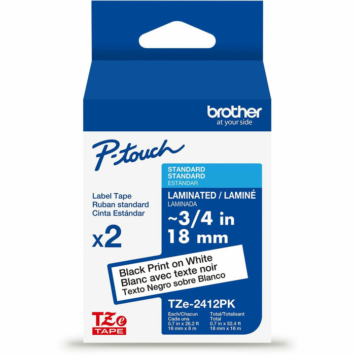 Brother Genuine P-touch TZe2412PK BK on WHT Label Tapes, Laminated, 18mmX8m each