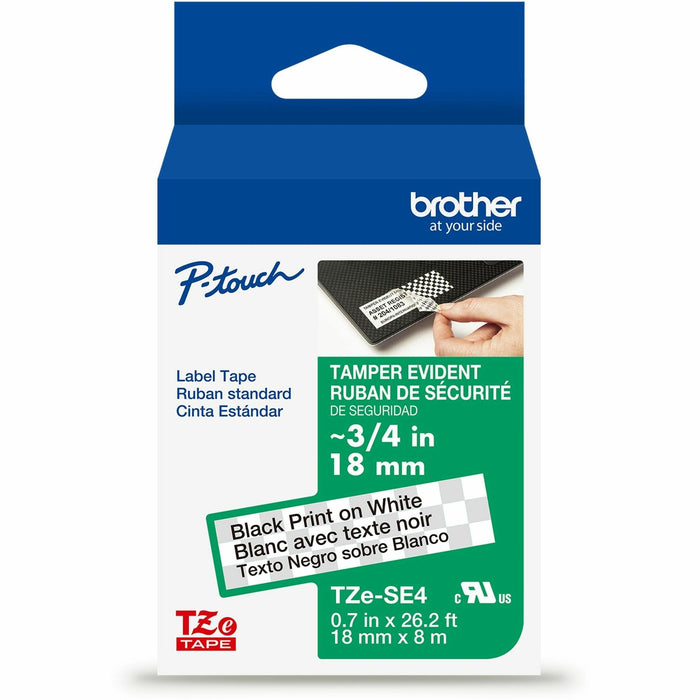 Brother Genuine P-touch TZeSE4 BK on WHT Tamper-Evident Label Tape, Laminated, 18mmX8m