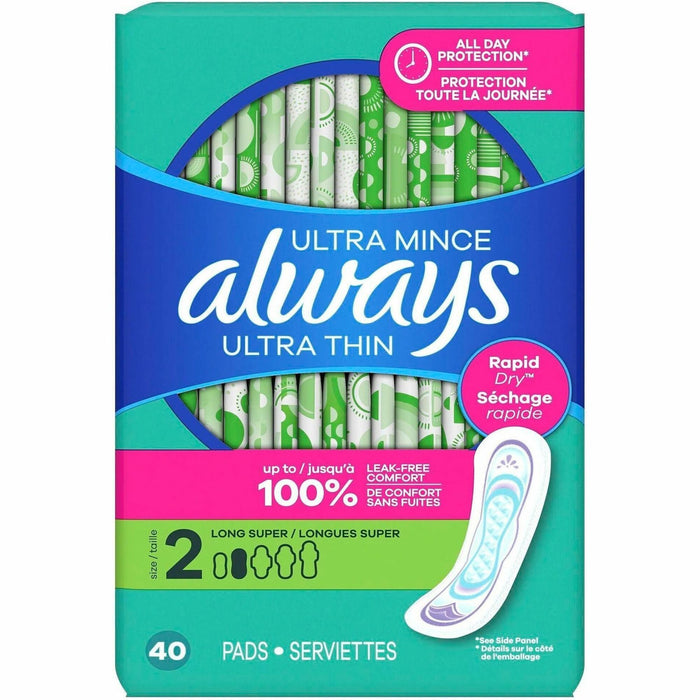 Always Ultra Thin Size 2 Long Super Pads With Wings, Unscented