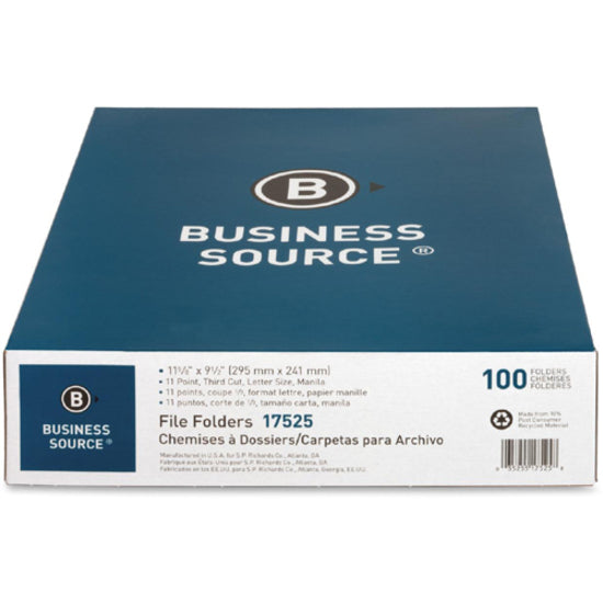 Business Source 1/3 Tab Cut Letter Recycled Top Tab File Folder