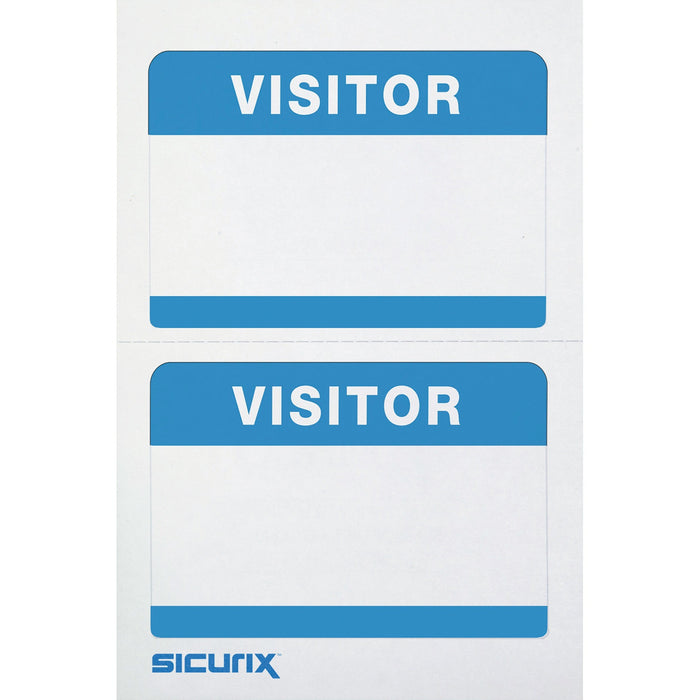 SICURIX Visitor Badge - 100 / BX - 3 1/2 x 2 1/4 Length - Removable Adhesive - Rectangle - White, Blue - 100 / Box - Self-adhesive, Easy Peel