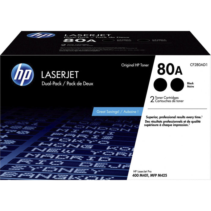 HP 80A (CF280AD1) Original Laser Toner Cartridge - Black - 2 / Carton