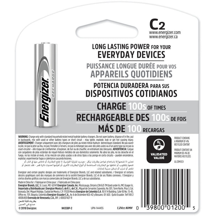 Energizer Recharge Universal Rechargeable C Batteries, 2 Pack