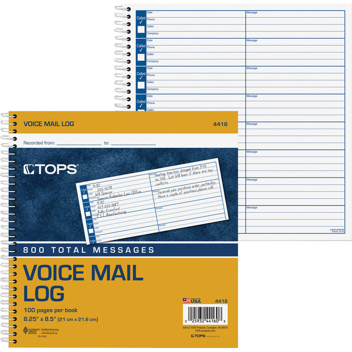 TOPS Spiral Bound Voice Message Log Book