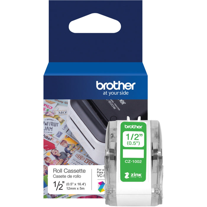 Brother Genuine CZ-1002 continuous length ½" (0.5") 12 mm wide x 16.4 ft. (5 m) long label roll featuring ZINK® Zero Ink technology